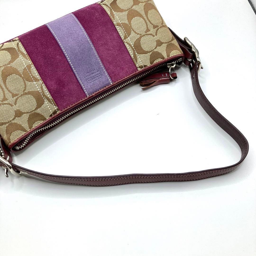 【美品】COACH コーチ ハンドバッグ アクセサリーポーチ シグネチャー　紫