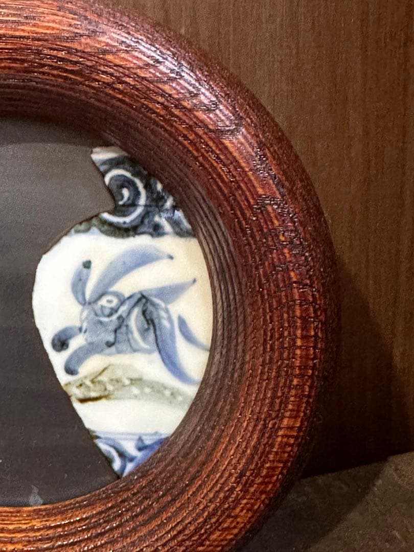 艸茅窯　川野恭和　木工額　民藝磁器　皿　染付