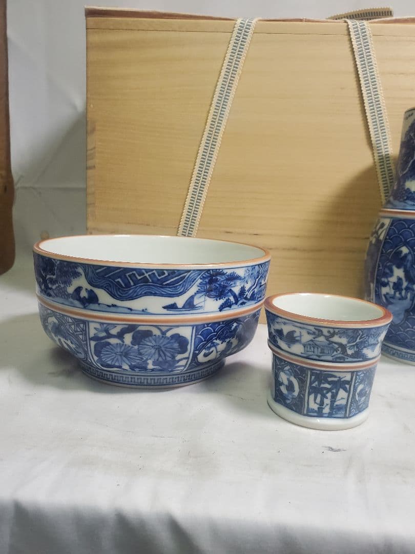 長期保管品　茶道具　皆具　手描き染付面取り　栄泉　共桐箱入　現状で