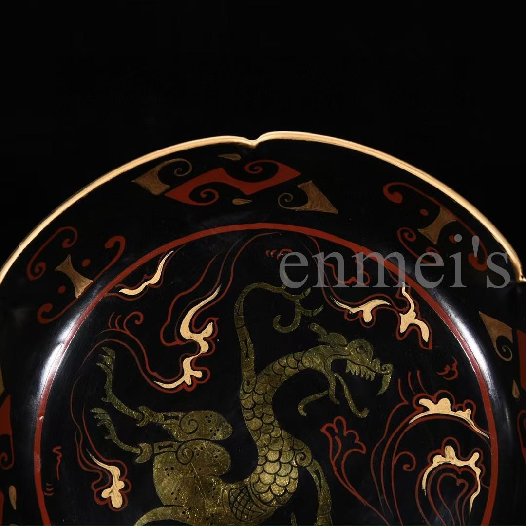 中国古美術・宋汝窯風・鎏金龍文葵口皿・中皿・純手描き・置物・陶器・茶道具・文房具