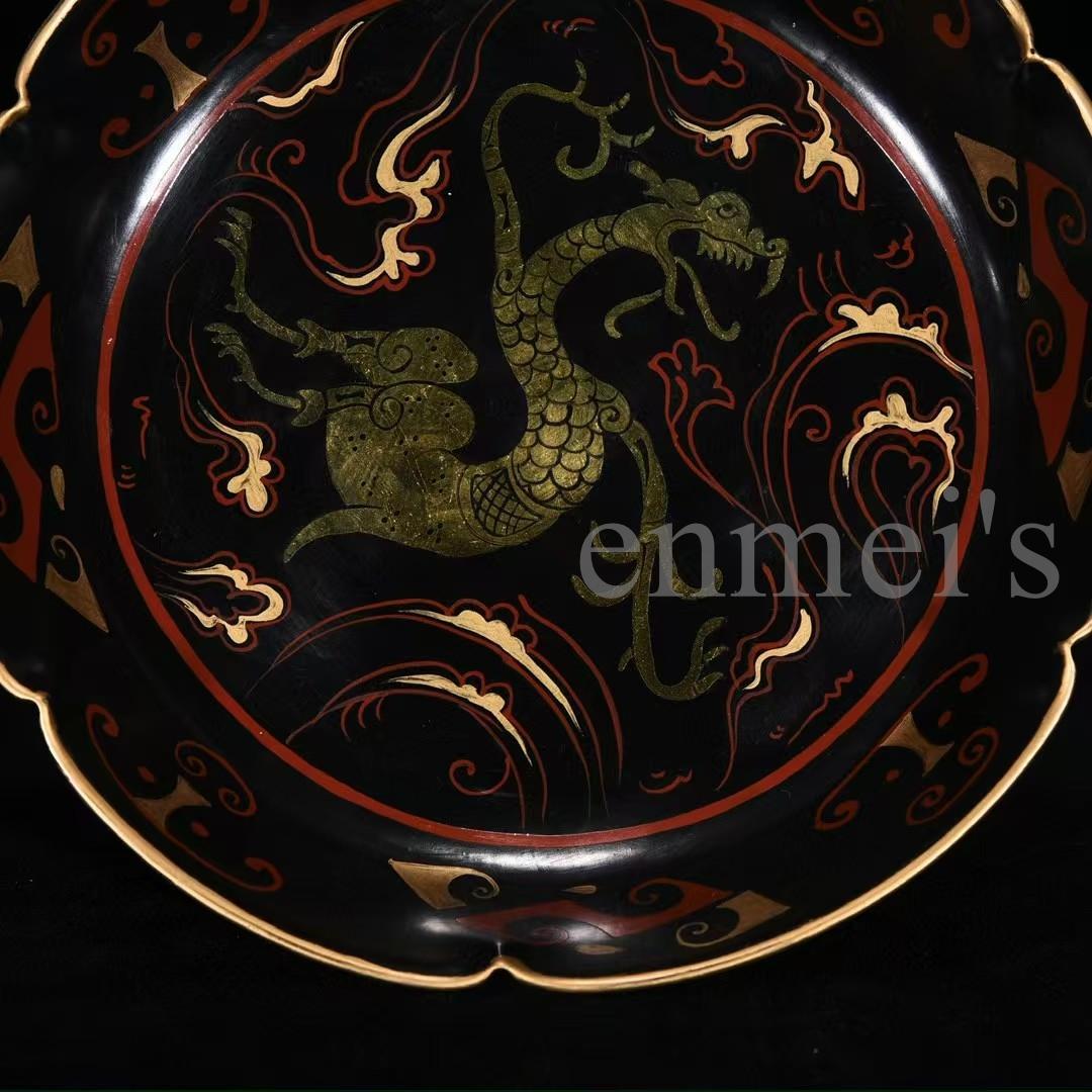 中国古美術・宋汝窯風・鎏金龍文葵口皿・中皿・純手描き・置物・陶器・茶道具・文房具