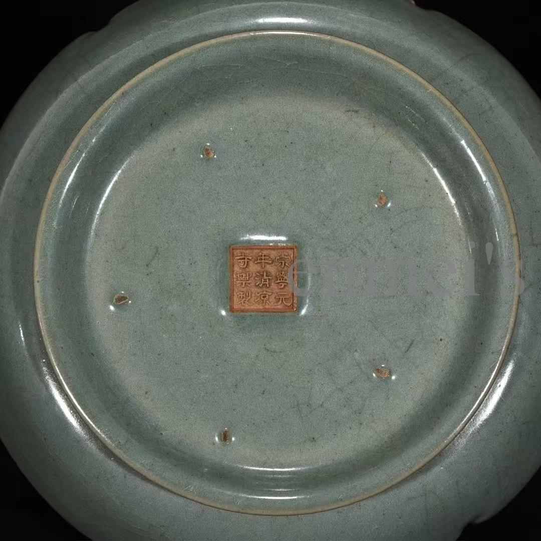 中国古美術・宋汝窯風・鎏金龍文葵口皿・中皿・純手描き・置物・陶器・茶道具・文房具