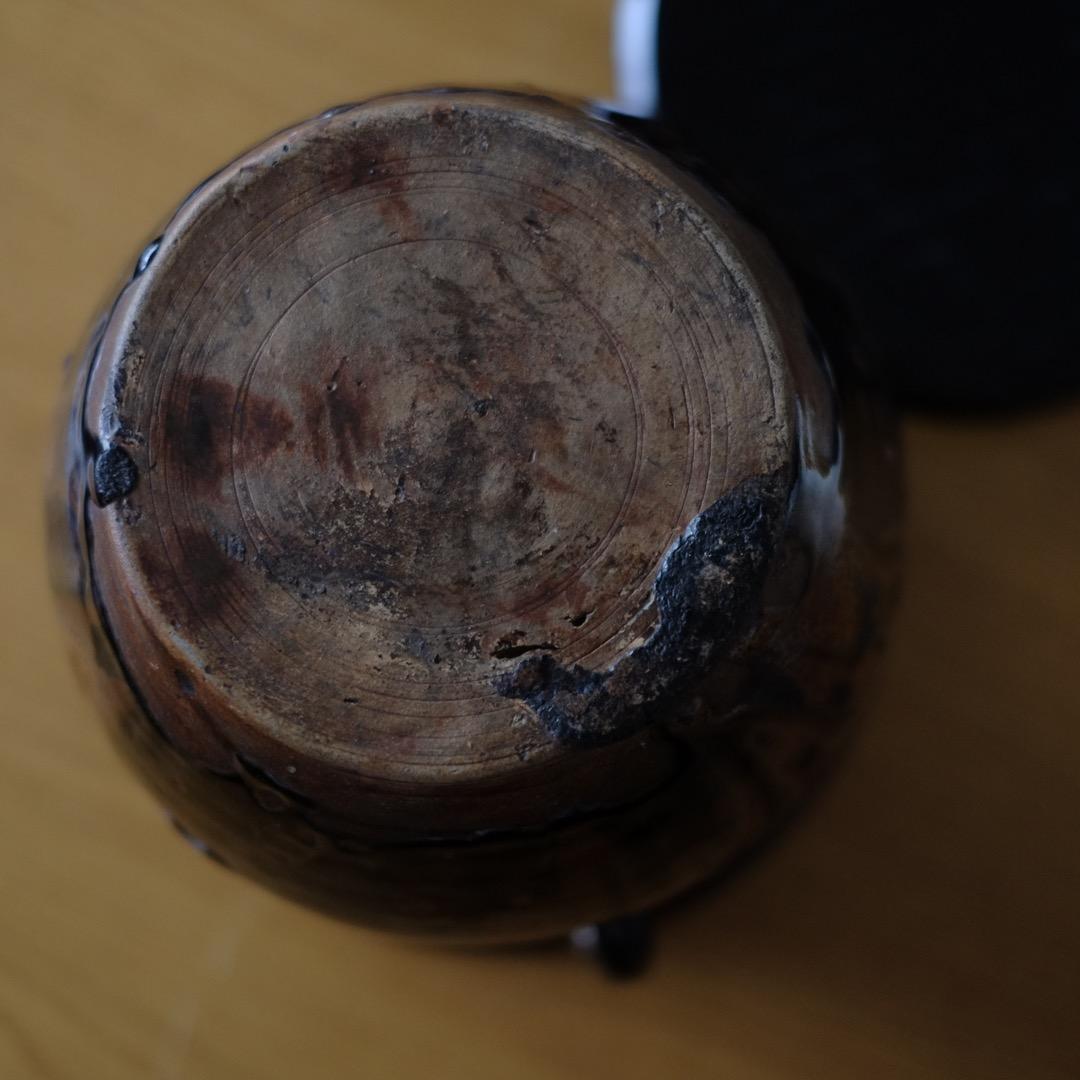 江戸時代　古瀬戸　双耳天目釉　水差　共箱付 索黒高麗李朝古唐津茶道具茶道骨董