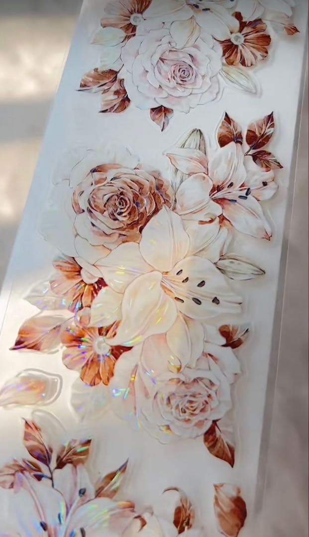 【8787】海外　マステ　5m巻売り　貝殻光カッティング　お花系　ユリ　バラ