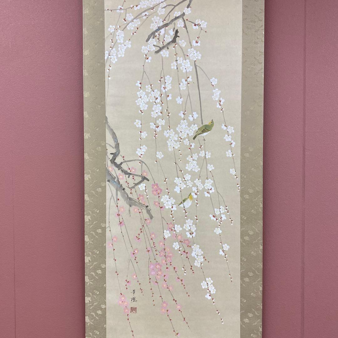 美品 掛け軸 出口華凰作 枝垂梅図 共箱 美術年鑑掲載 縁起物