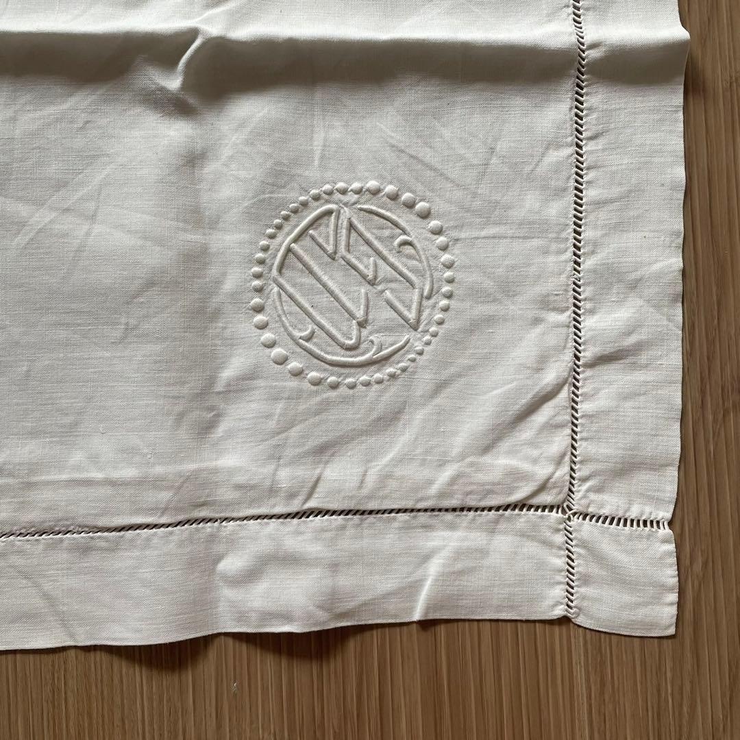 アンティーク レース編みとモノグラム刺繍 クッションカバー アンティークリネン