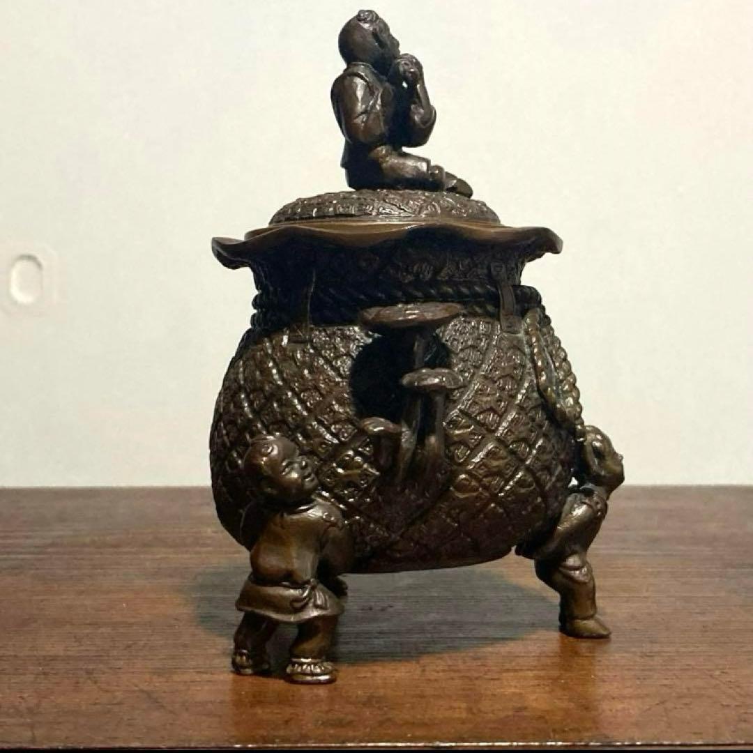 戦前 アンティーク 唐子三足香炉 裏印有り 唐子脚宝袋形香炉