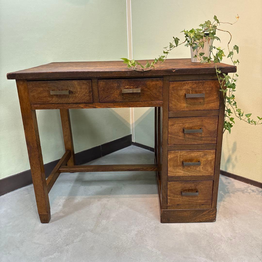 昭和レトロ｜無垢材の片袖机　アンティーク　デスク 木製　机　学習机