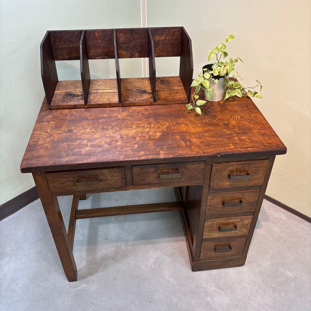 昭和レトロ｜無垢材の片袖机　アンティーク　デスク 木製　机　学習机