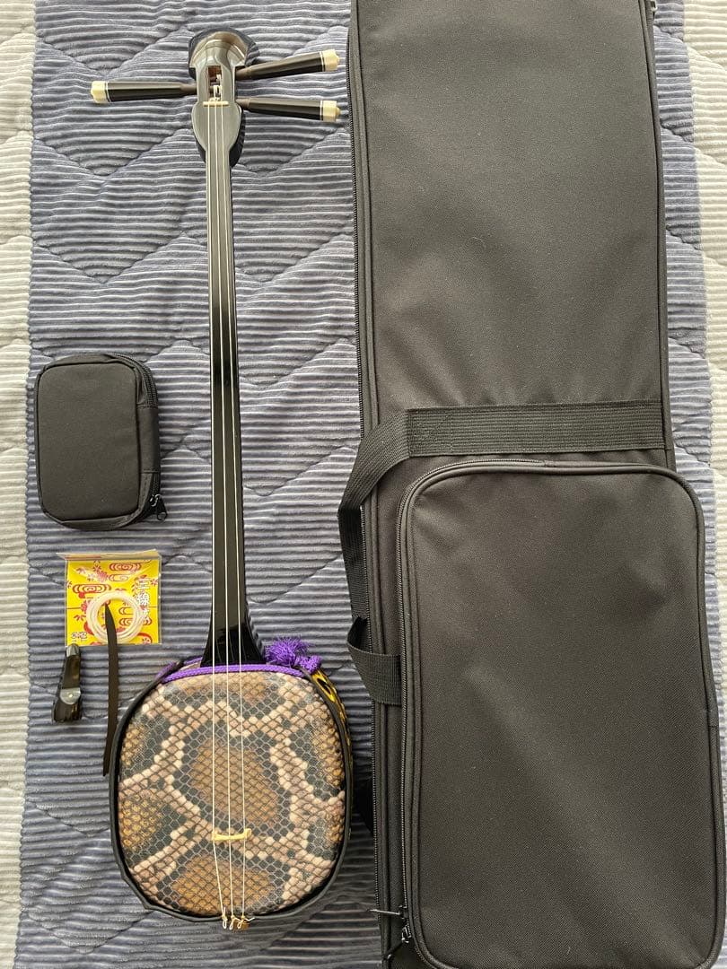 三線本体 人工皮　ケース付き　消音コマ　予備弦あり