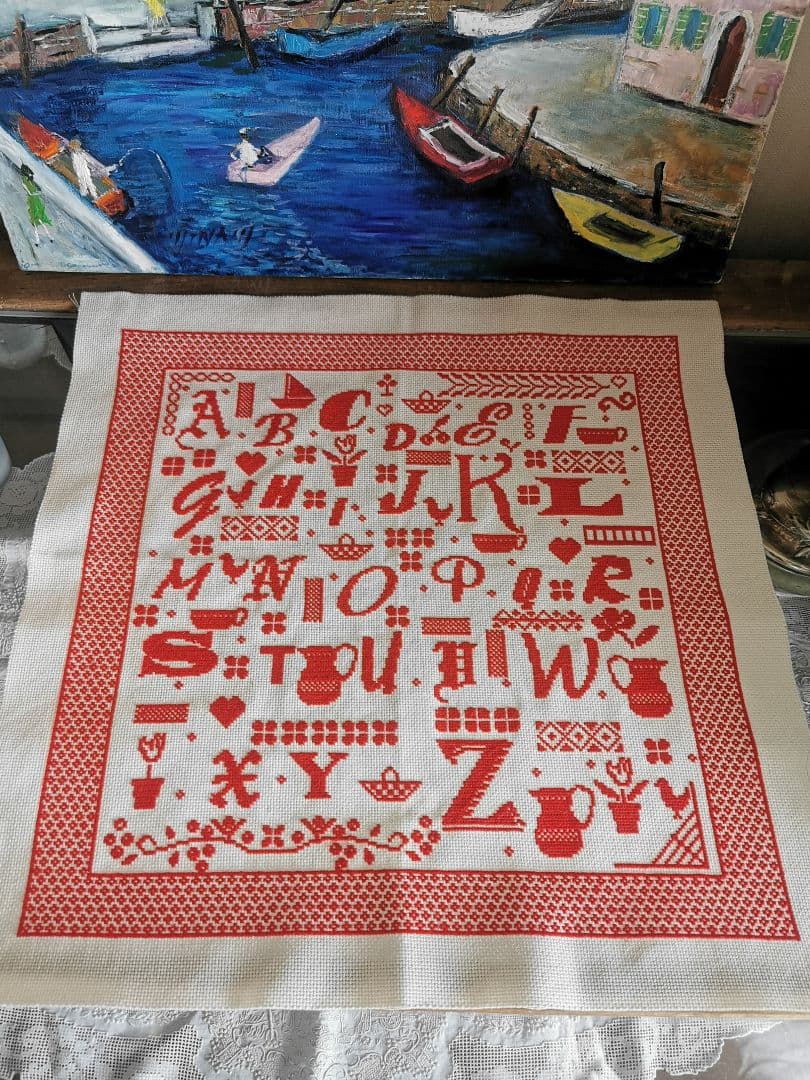 アンティークフランス マルチ文字体 カップポット植木鉢 ✜枠 赤糸刺繍サンプラー