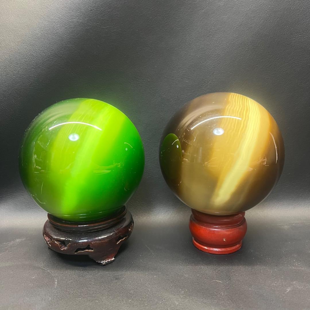 〇J⑥1059 キャッツアイ タイガーアイ 丸玉 パワーストーン 2点まとめ