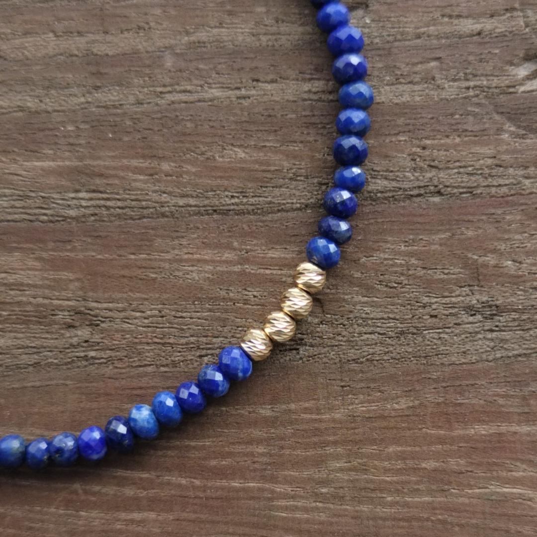 【3mm】ラピスラズリ ＆K18　グリッタービーズ　ブレスレットB / ゴールド