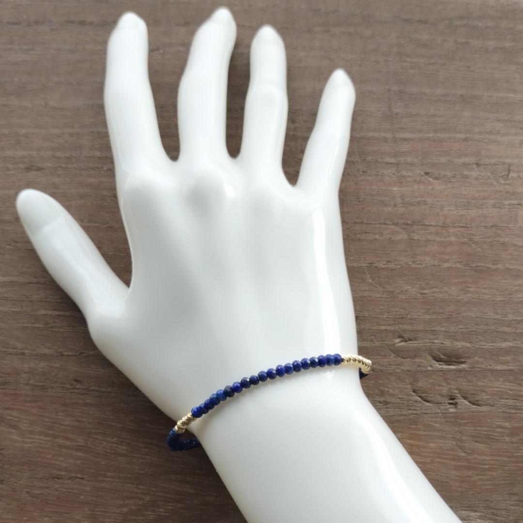 【3mm】ラピスラズリ ＆K18　グリッタービーズ　ブレスレットB / ゴールド