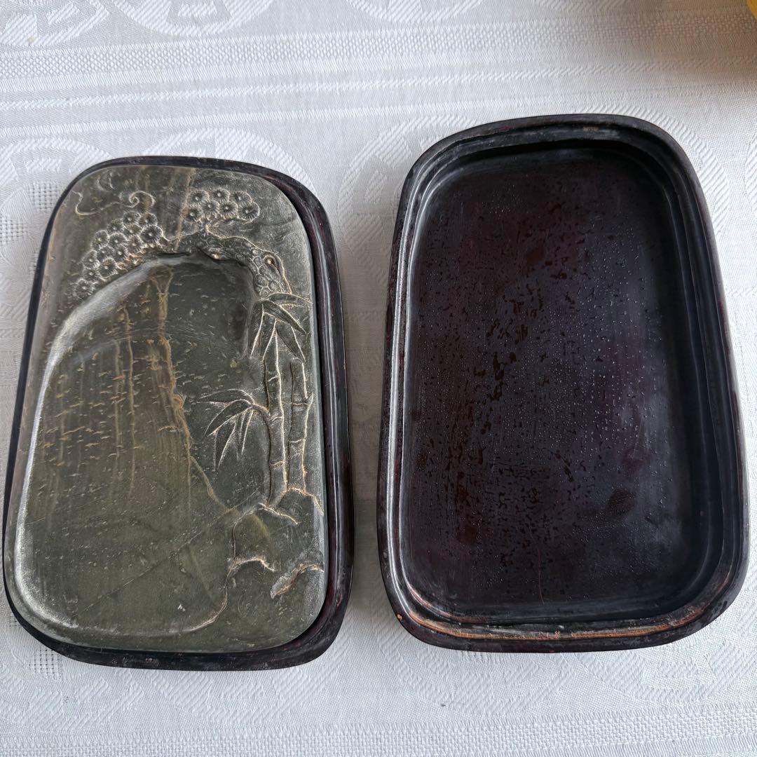 書きぞめに‼️旧家蔵出端渓硯『古松❌瀧　硯』」中國美術　唐木箱と蓋証明書付1点④