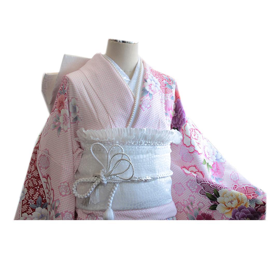 ほぼフルセット振袖8点セット丈169cmロリータピンク絞り風帯新品成人式RO28