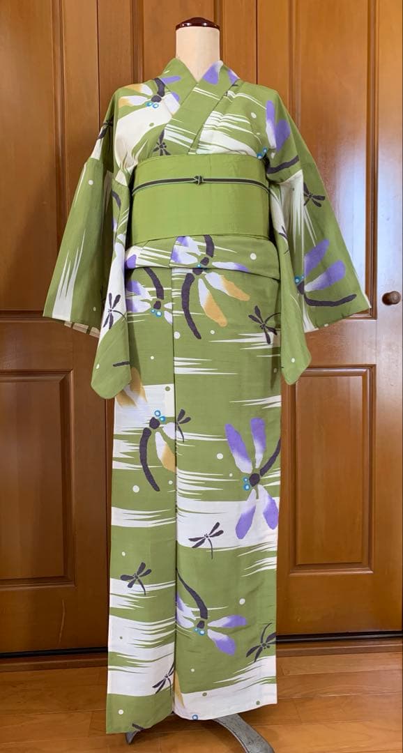 抹茶色にとんぼの柄の浴衣　夏着物と半幅帯真田紐　高級ポリエステル素材