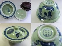 蓋物■中国 青磁 染付 唐子 大清滋正年製 印判 蓋茶碗 漆器台付 時代物 骨董