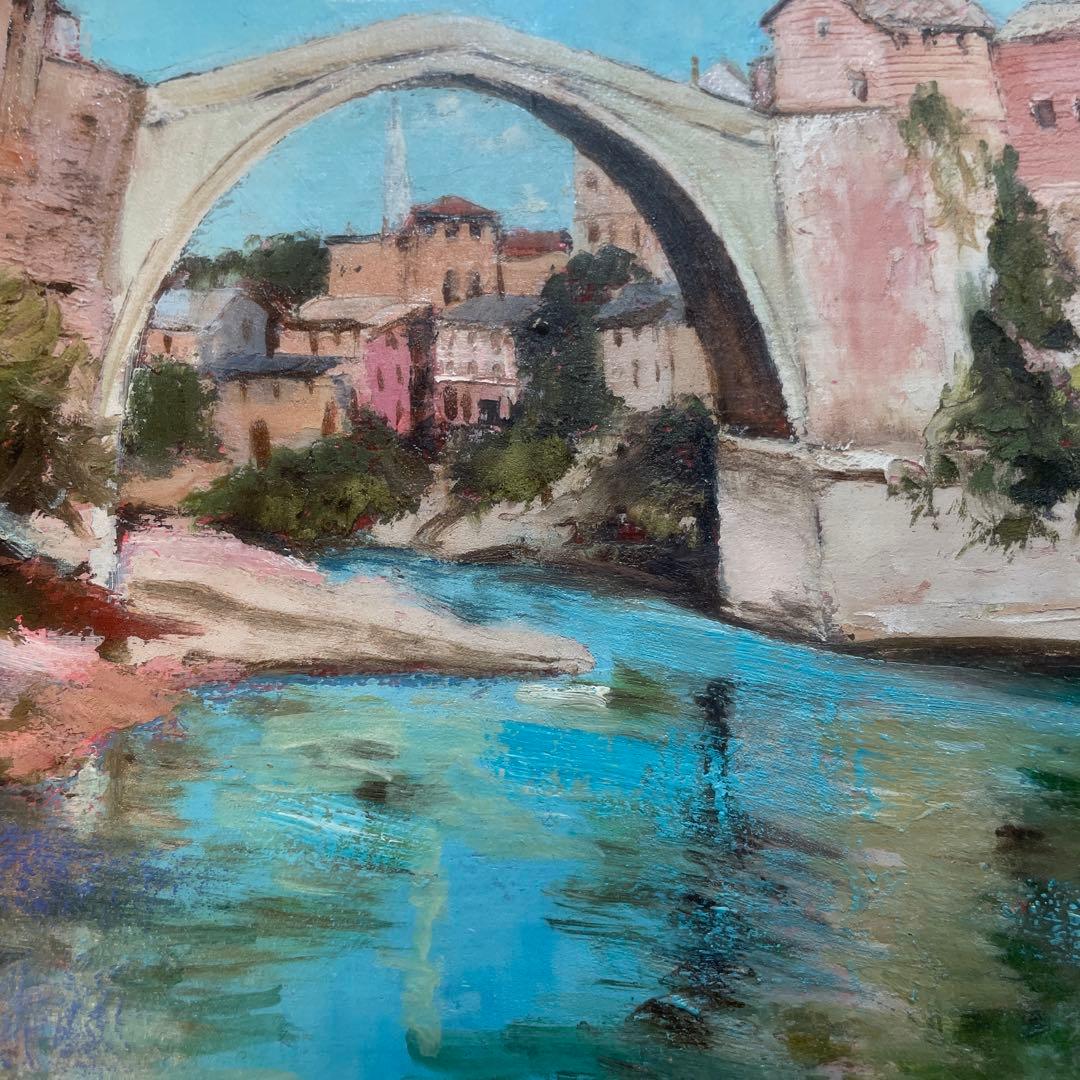 油彩画 橋の風景 ゴールドフレーム Ari 1994 山本亜稀　QW4395