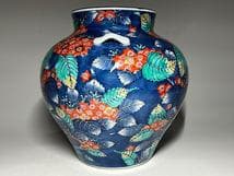 花舟作　有田焼　色絵　三耳付　花瓶　 高：２５．５ｃｍ　共箱