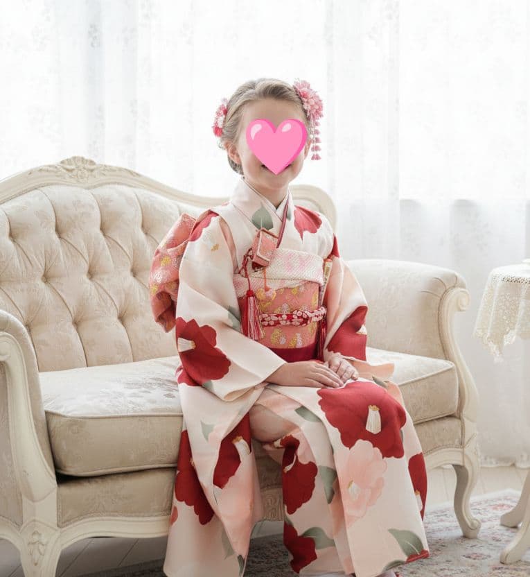 新品☆クリーム色に大きな椿の花模様が素敵な着物に作り帯☆七五三フルセット
