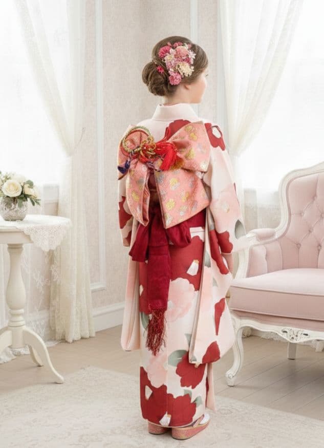 新品☆クリーム色に大きな椿の花模様が素敵な着物に作り帯☆七五三フルセット