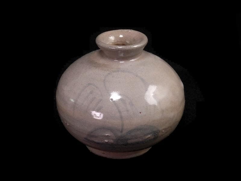 李朝　瀬戸　古伊万里　染付　岩に柳の図　油壷　E414AS-fblx