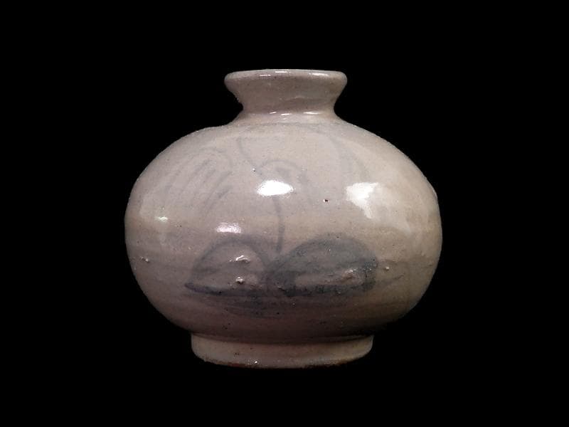 李朝　瀬戸　古伊万里　染付　岩に柳の図　油壷　E414AS-fblx