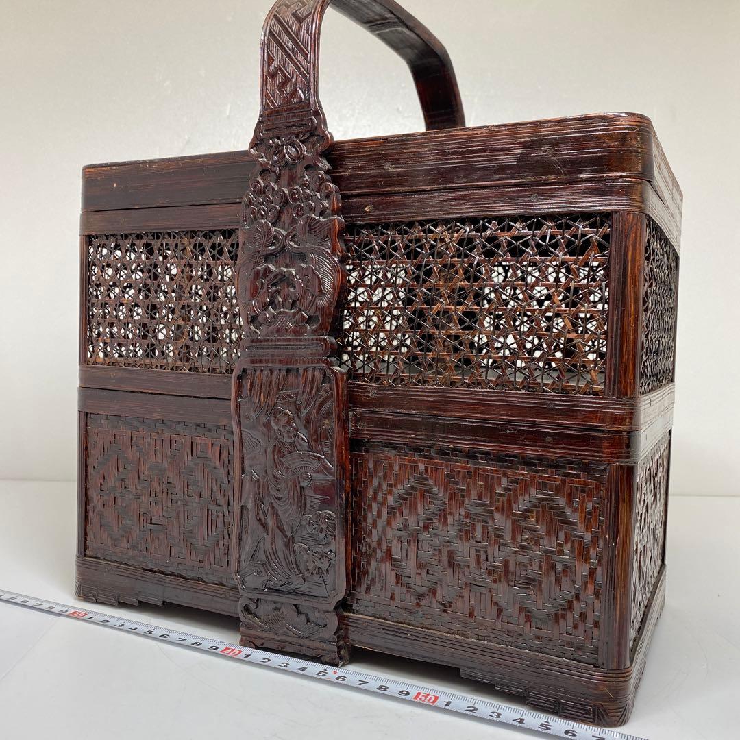 時代　竹編提藍　持ち手込高さ33.5㎝　東Y7-0217②トヒチサ