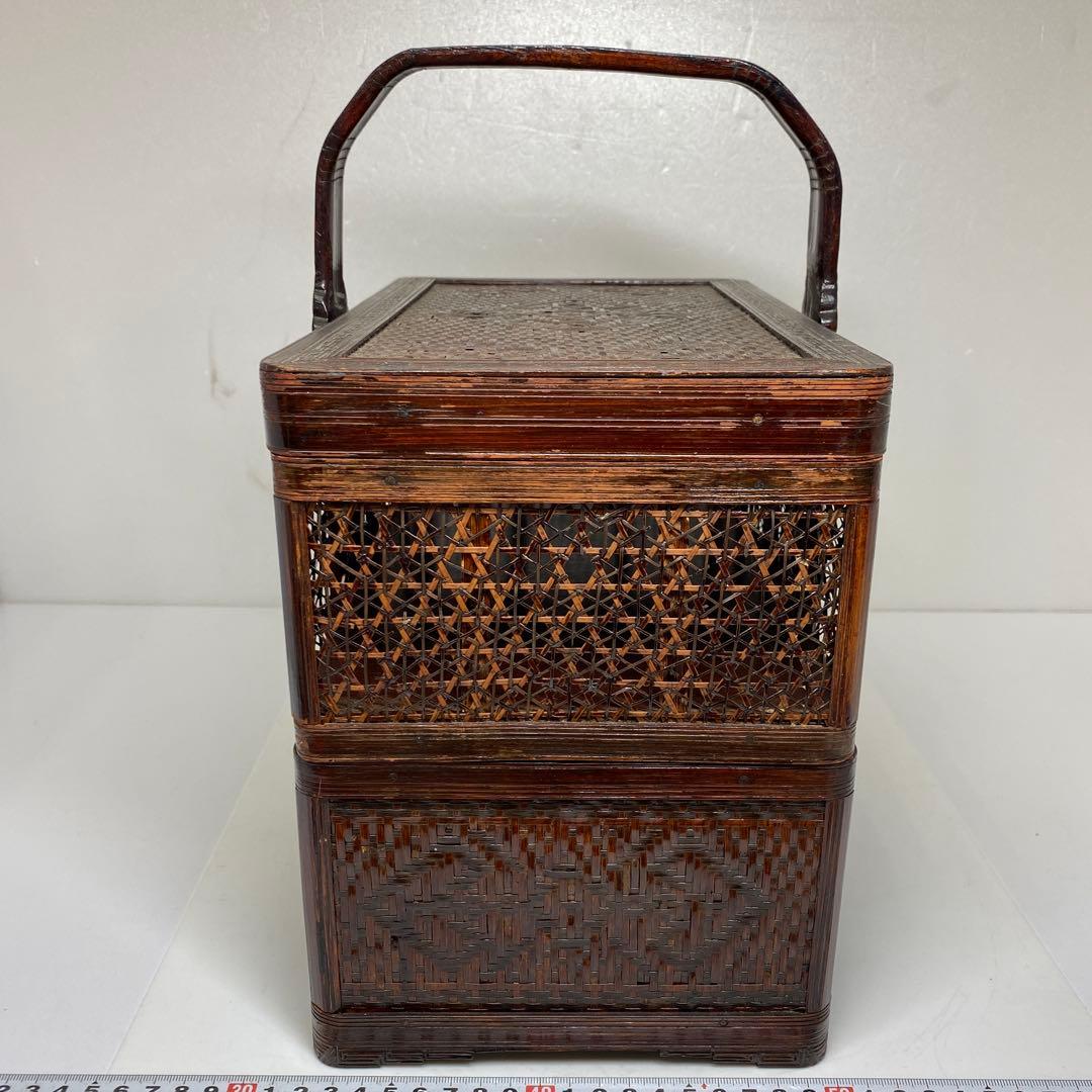 時代　竹編提藍　持ち手込高さ33.5㎝　東Y7-0217②トヒチサ