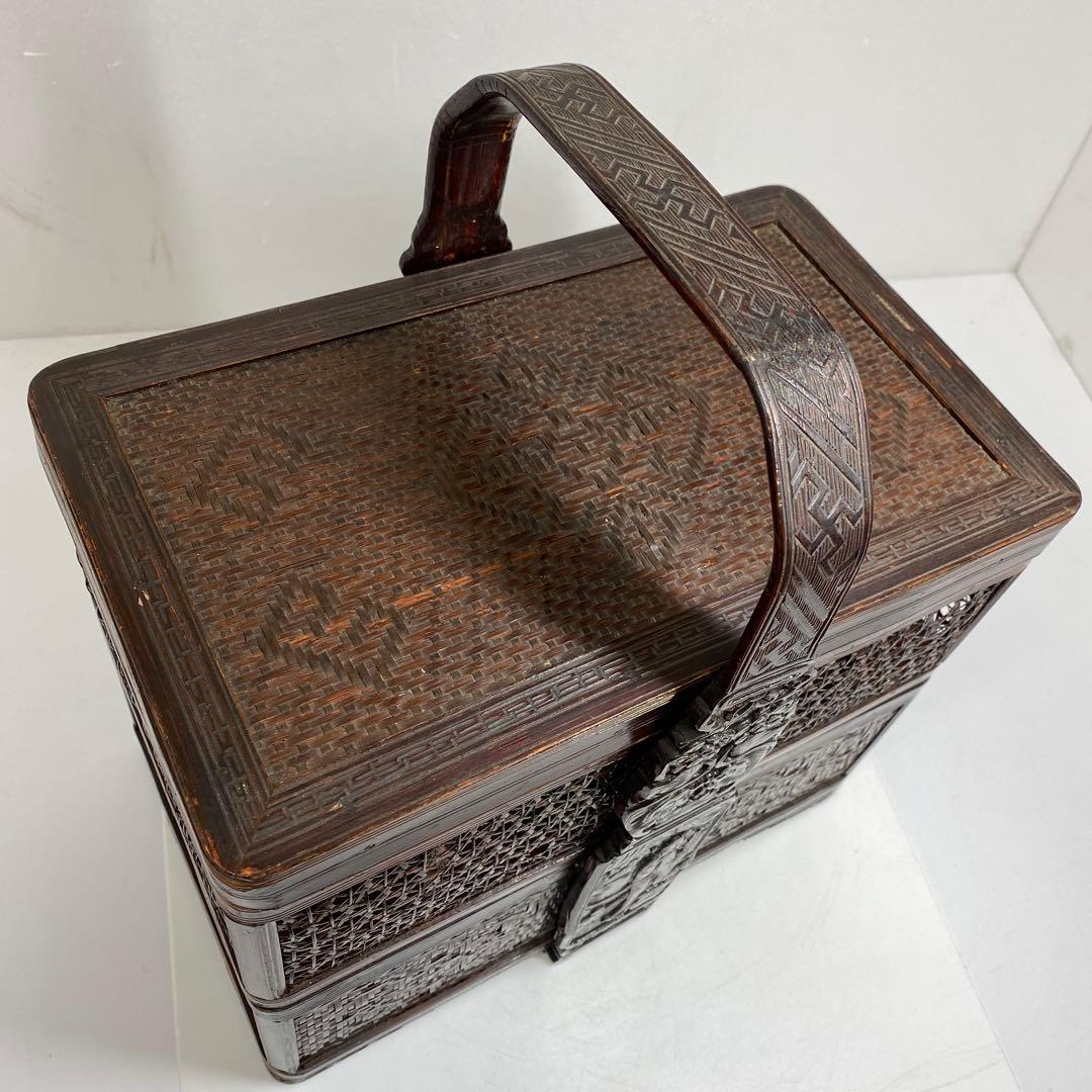 時代　竹編提藍　持ち手込高さ33.5㎝　東Y7-0217②トヒチサ