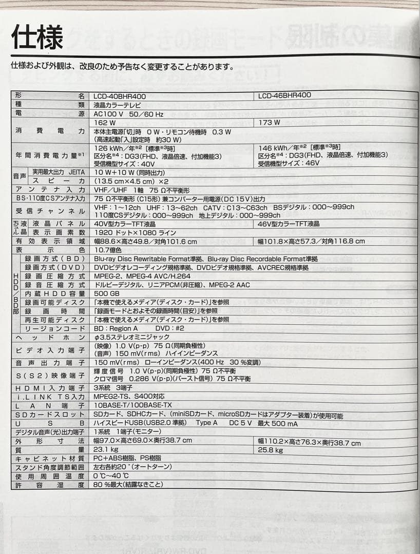 ほぼ未使用　画面回転、HDD•DVD•BR録画再生三菱ダイヤトーン液晶テレビ40