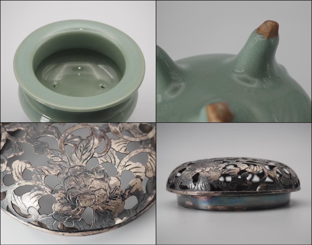 二代諏訪蘇山 青磁 袴腰香炉 純銀透彫火舎 共箱