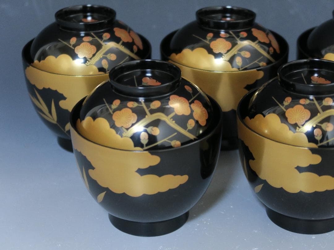 【輪島塗】雲松竹梅蒔絵 吸物椀 黒塗 五客揃 布着請負 天然木 共箱 美術漆器