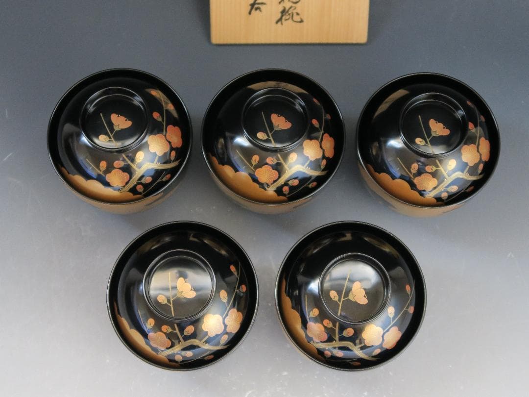 【輪島塗】雲松竹梅蒔絵 吸物椀 黒塗 五客揃 布着請負 天然木 共箱 美術漆器