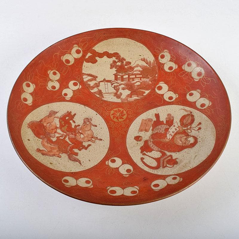 九谷焼　古九谷　赤絵　窓絵　山水人物馬文　大皿　直径約33㎝　U　R9426B