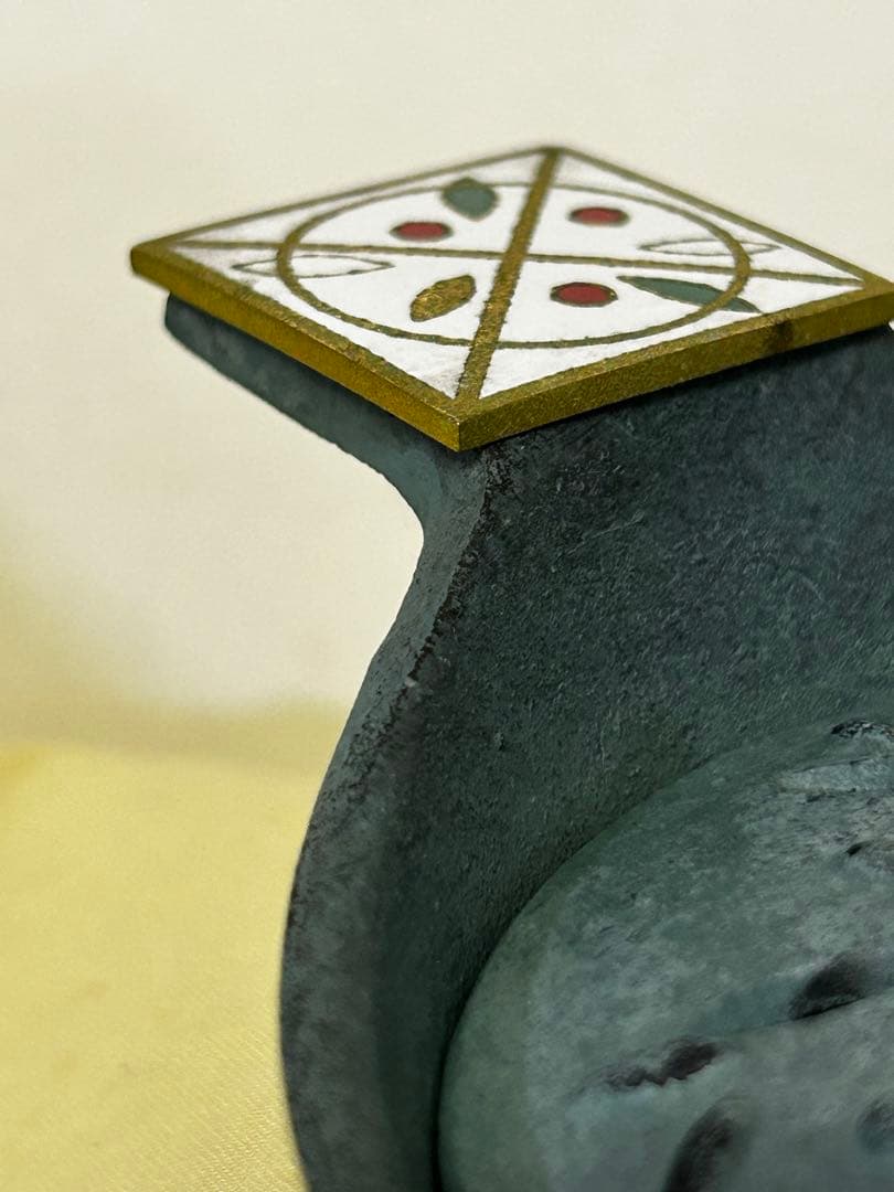 1989年製 石黒 鏘ニ 作 青銅製 手付 香炉「南天」