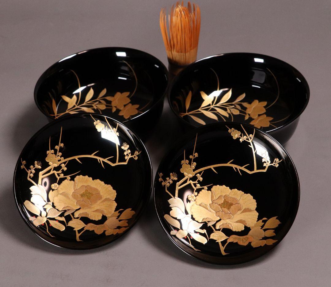 時代木製漆器 加賀蒔絵 牡丹 梅 草花 高蒔絵 黒塗椀 二客 漆芸 CL55