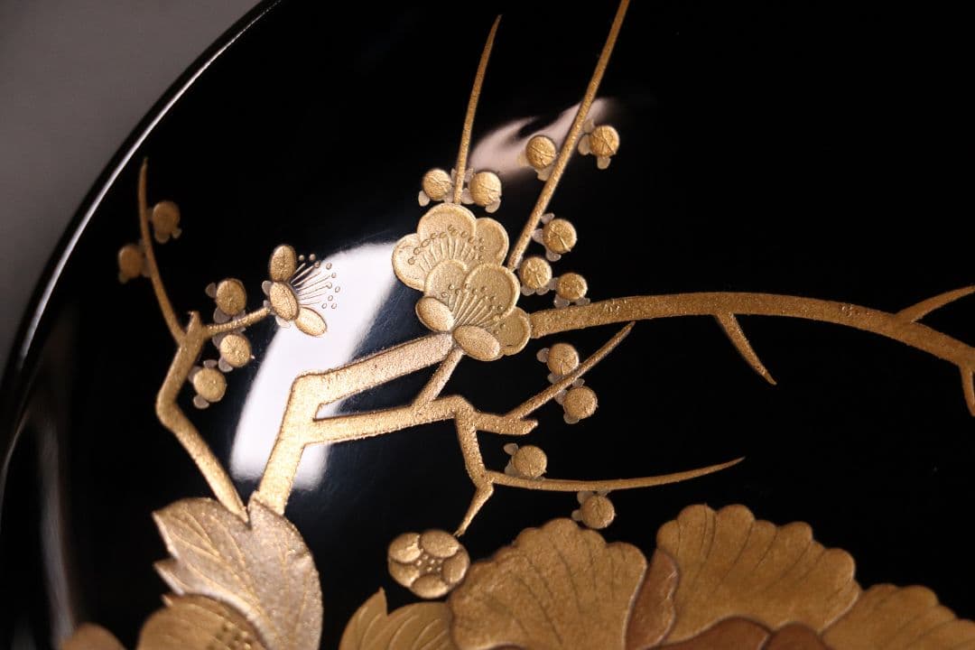 時代木製漆器 加賀蒔絵 牡丹 梅 草花 高蒔絵 黒塗椀 二客 漆芸 CL55