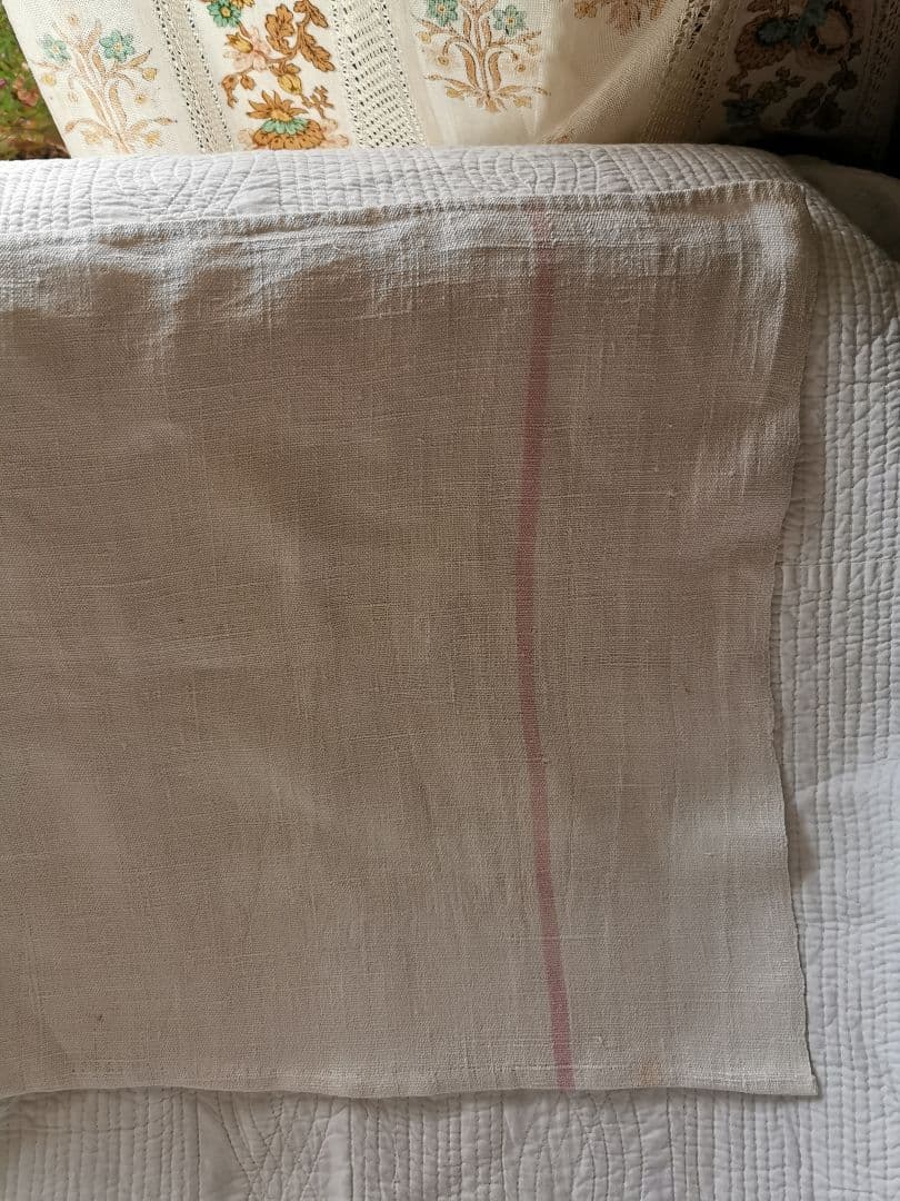 アンティーク フレンチリネンクロス イニシャルBL赤糸刺繍 シャビーピンクライン