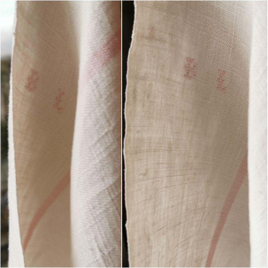 アンティーク フレンチリネンクロス イニシャルBL赤糸刺繍 シャビーピンクライン