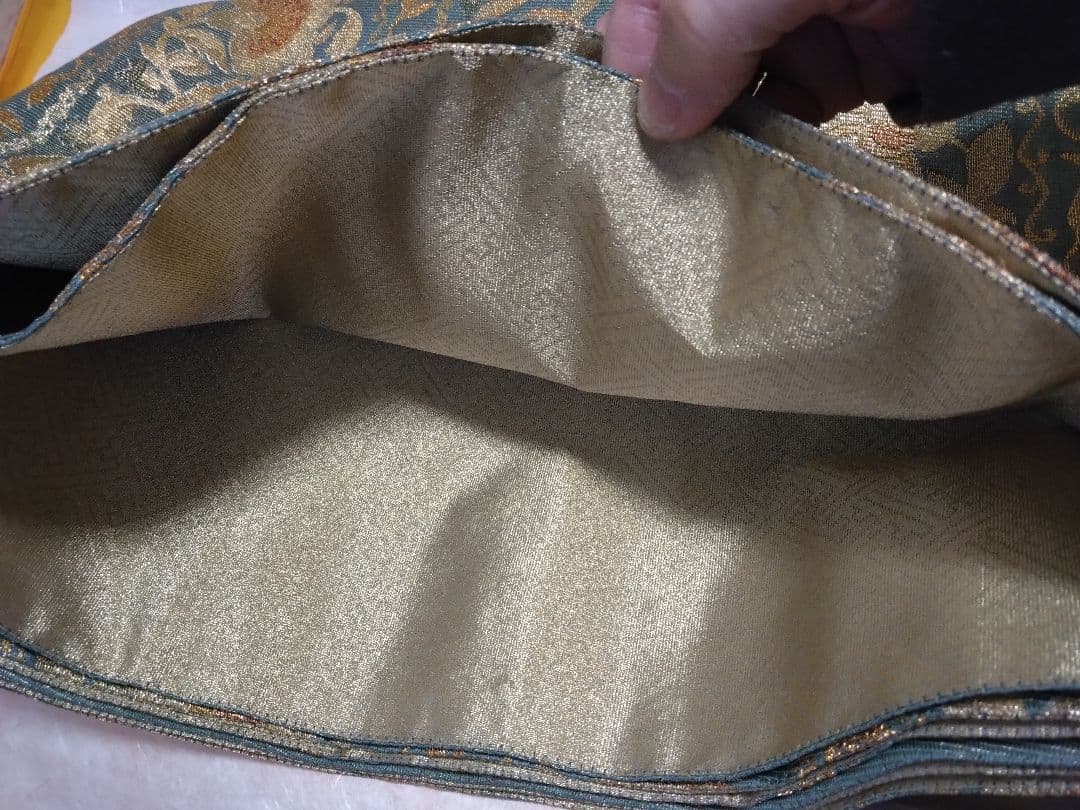 青色金色花柄 帯 専用箱付き
