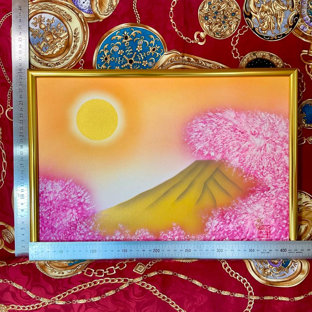 富士山開運絵画新春セール☆満開桜金富士A3サイズ額縁付運気上昇アクリル画原画