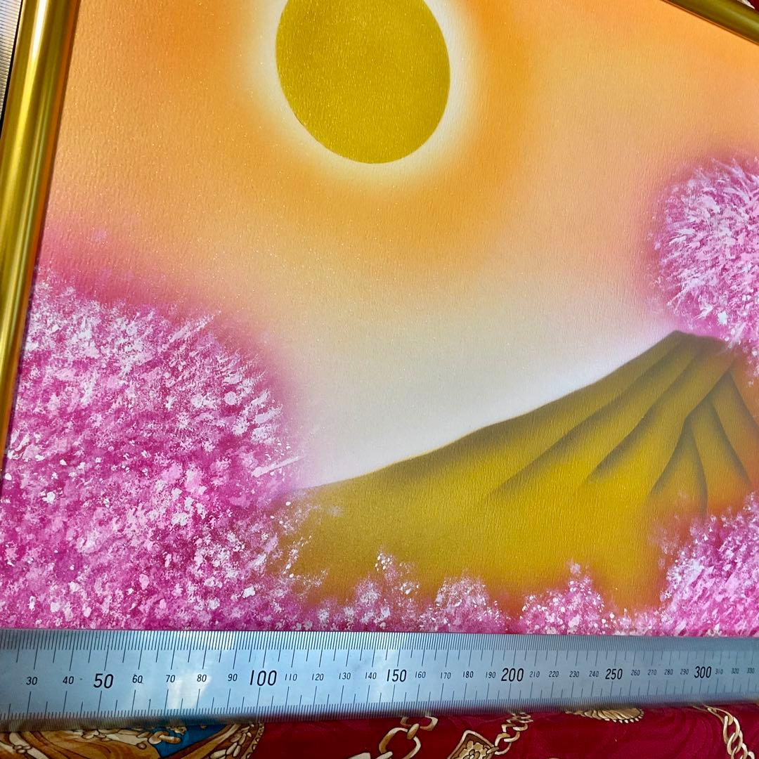 富士山開運絵画新春セール☆満開桜金富士A3サイズ額縁付運気上昇アクリル画原画