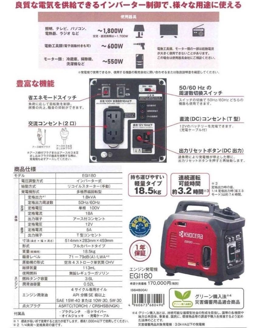(大阪引取り特価)KYOCERA EGI180 インバーター発電機 1.8kVA