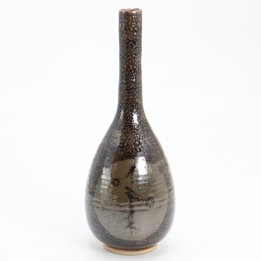 十代 大樋長左衛門(年朗)作 天目釉 魚文花入 花瓶 花器 二重箱　AB844