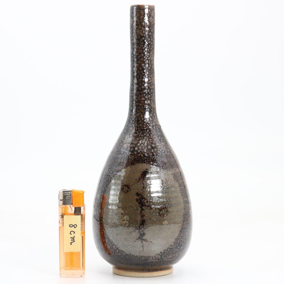 十代 大樋長左衛門(年朗)作 天目釉 魚文花入 花瓶 花器 二重箱　AB844