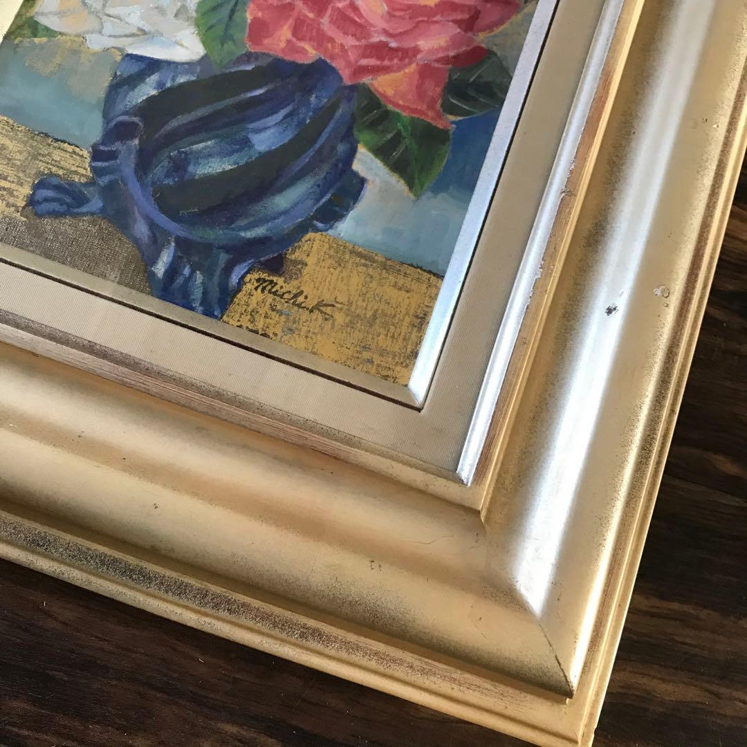 上河辺みち 油彩「ばら」 額装 共シール 1978年 油絵 油画 D