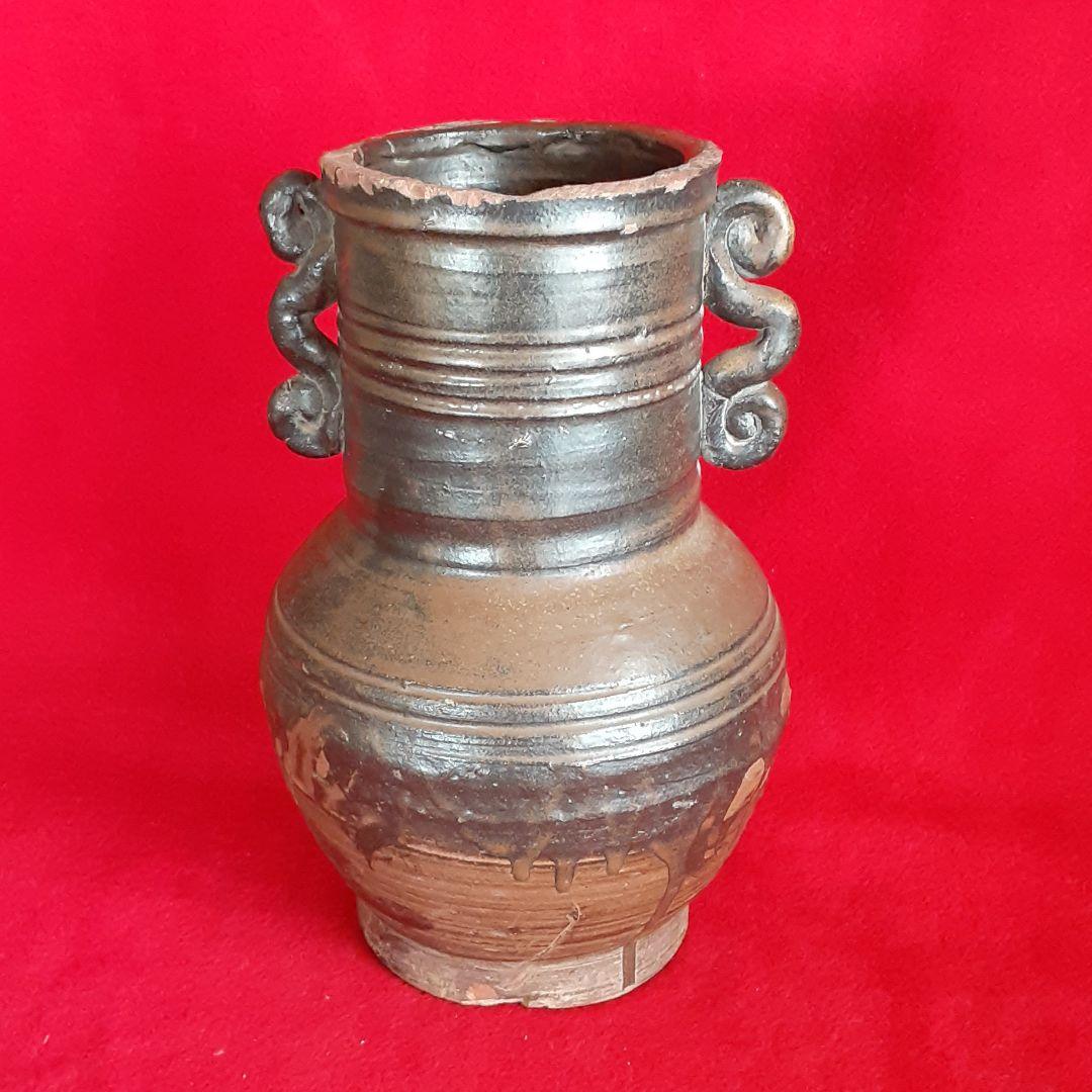 薩摩焼　黒薩摩　耳付き　花入　花瓶