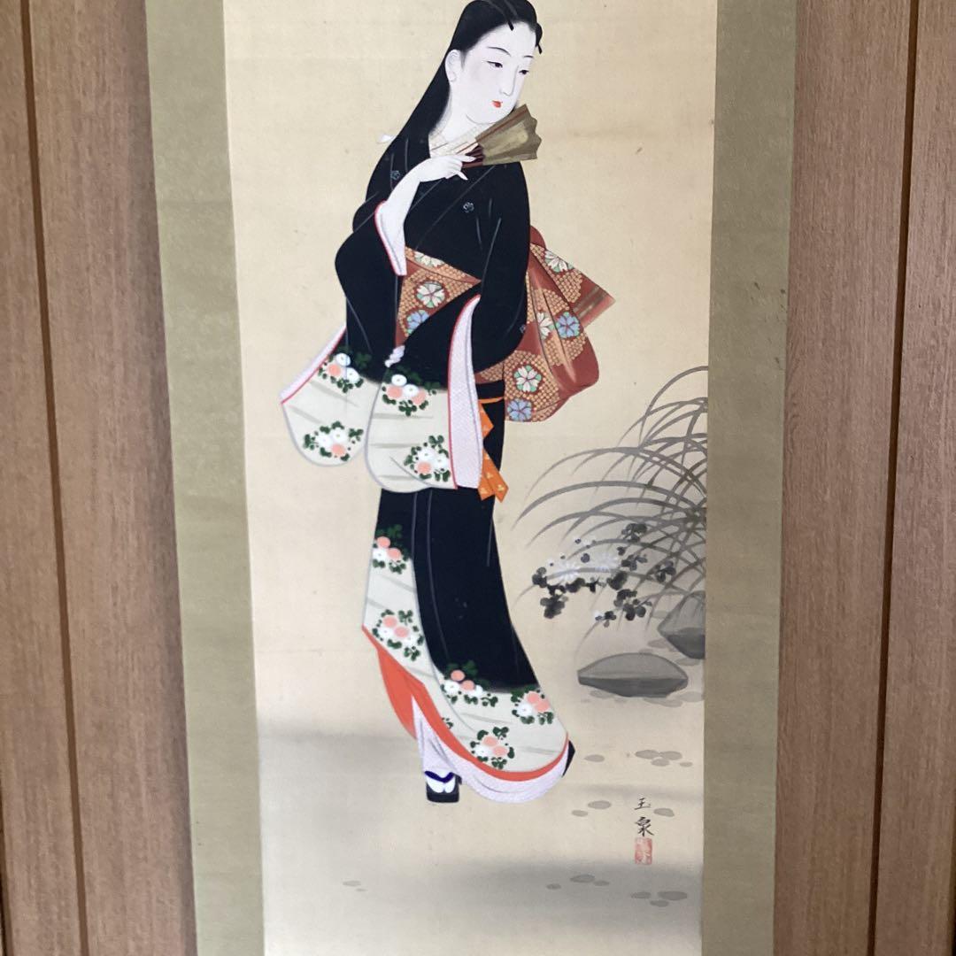 絹本着色画　【　月　下　美　人　之　図　】　玉泉筆　　桐箱　掛軸　一幅　297